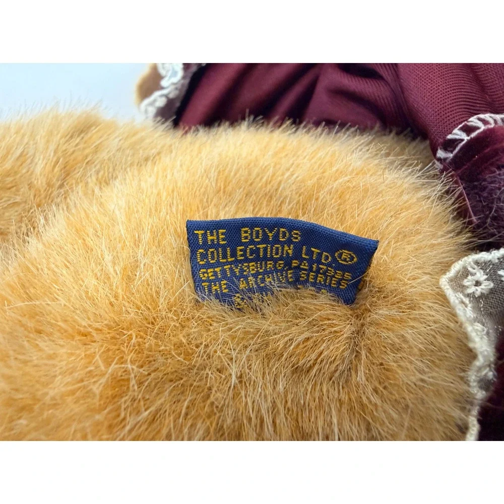 Boyds Collection Archive Series Teddy Bear Burgundy Velvet Dress Lace Hat 12in